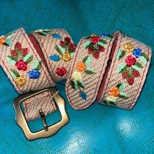 Vintage jute woven belt 3D colorful embroidered flowers owls boho hippie size 32